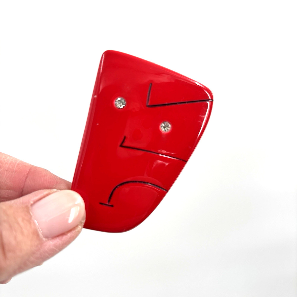 Vintage Modernist Face Brooch Pin Figural Red Plastic 2"